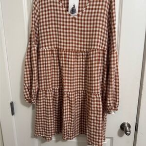 Burnt Orange & White Gingham Long Sleeve Dress